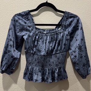 💙 Nordstrom Floral Smocked Blouse – Blue & Black – Size 7/8 💙